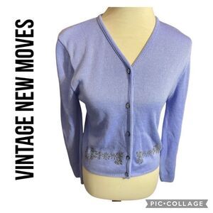 New Moves Vintage Violet Blue Floral Beaded Button Front Cardigan Size Large